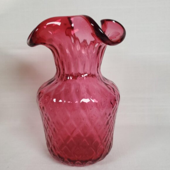 Vintage 7” Cranberry Red Glass Vase | Diamond Embossed Pattern Mid-Century Decor - Picture 1 of 6